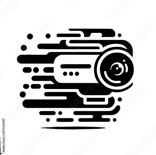 black vector icon of a camera device with horizontal motion lines and dots extending from the side, speed, action, and multimedia technology