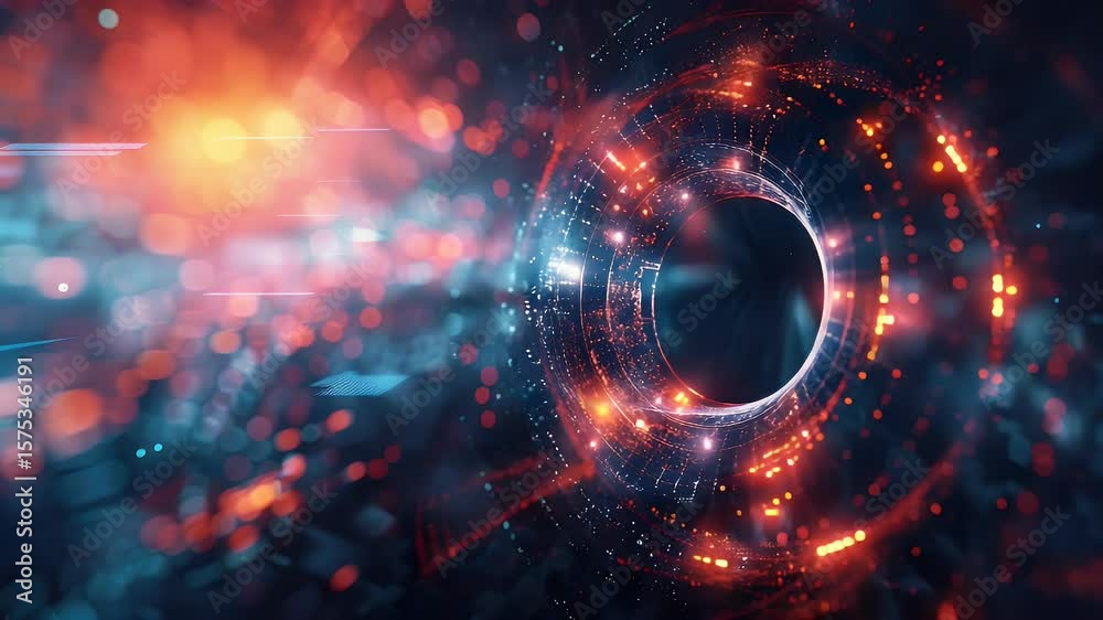Abstract digital tunnel with bright particles and futuristic technology concept in vibrant colors of orange and blue creating a visually stunning motion background