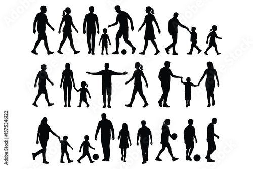 Diverse people silhouettes walking playing soccer families