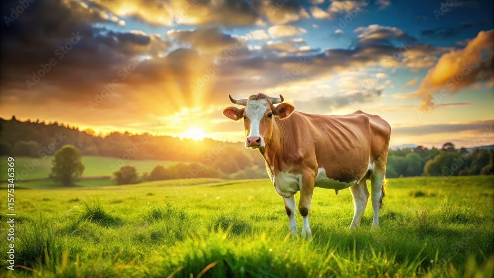 A serene cow standing in a lush green meadow with the sun shining on her back A serene cow standing in a lush green meadow with the sun shining on her back