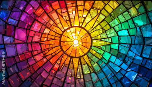 Radiant stained glass artwork displaying a vibrant rainbow spectrum and geometric patterns emanating from a central point of brilliant light.