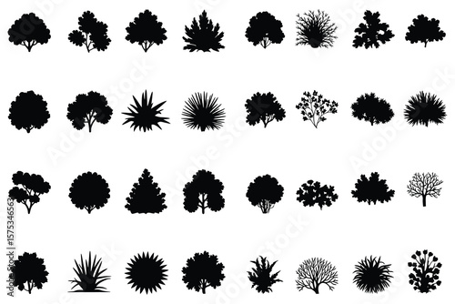 Diverse plant silhouettes tree bush