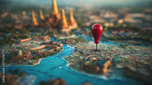 Red Pin Marks Bangkok, Thailand on Stylized City Map with Chao Phraya River View