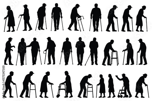 Elderly people silhouettes walking with canes and walkers