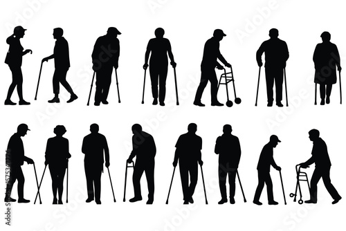 Elderly people silhouettes walking with canes and walkers