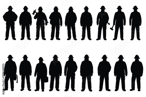 Firefighters silhouettes with tools black white