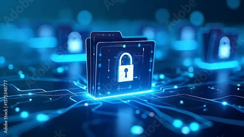 Futuristic 3D render of encrypted file folders with lock icons placed in a glowing circuit grid, symbolizing secure data access and digital privacy protection.
