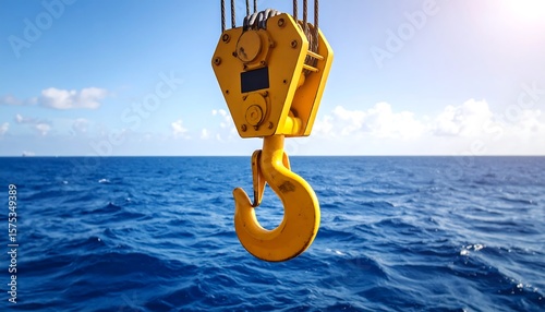 Yellow crane hook over ocean with lifting concept against sky Construction, and industry.