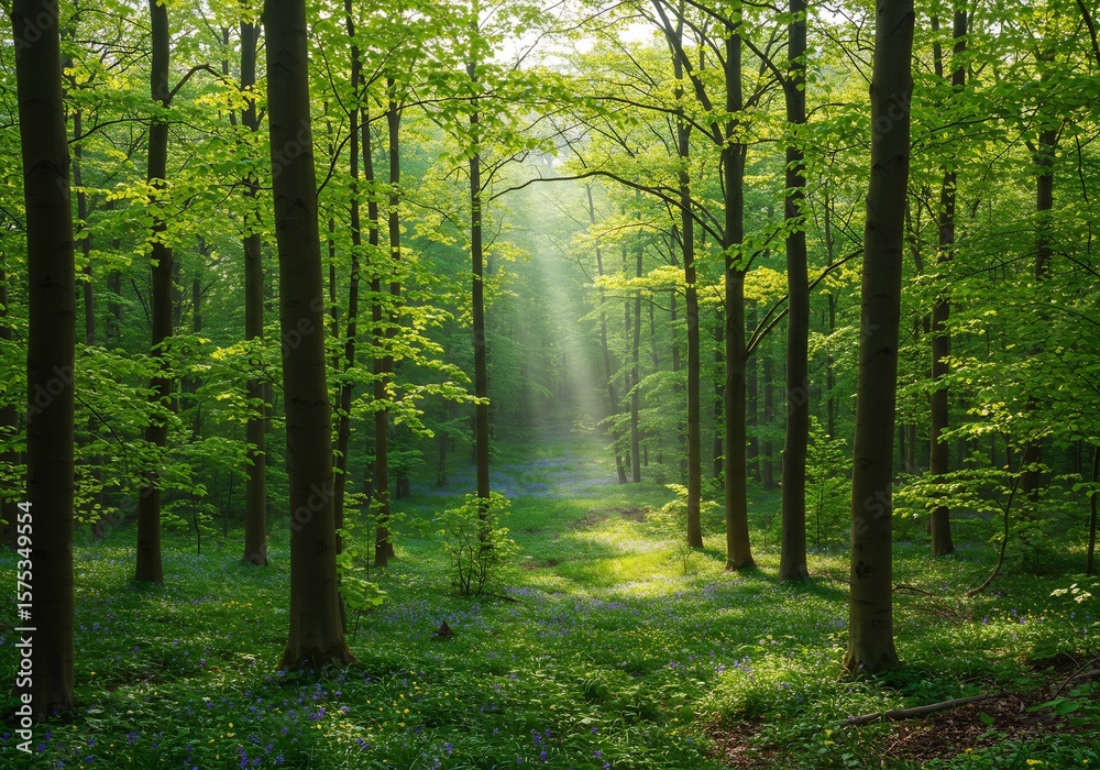 Fototapeta premium 新緑輝く森 道 光差し込む神秘的風景