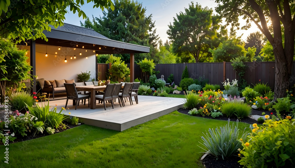 Obraz premium Modern Backyard Patio Sunset Garden.