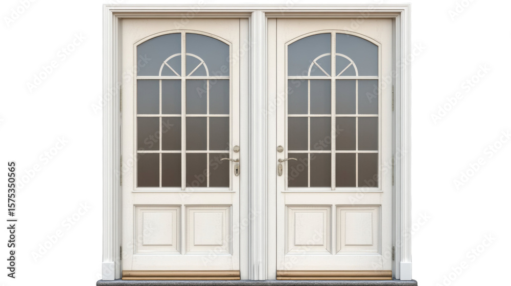 Fototapeta premium Title: Elegant White Double Door Pair Isolated on Plain White Background for Minimalist Architectural Design