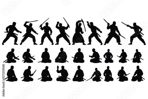 Martial artists with swords in various poses martial arts