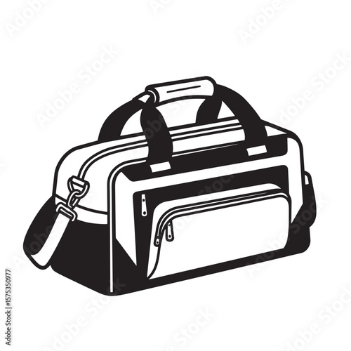Black and white vector illustration of a stylish duffel bag with shoulder strap