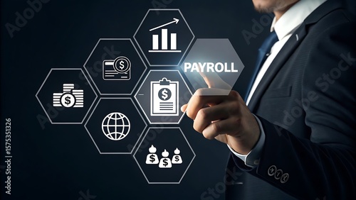 Fototapeta Naklejka Na Ścianę i Meble -  Businessman Taps Payroll Icon on Digital Interface: Business Finances, Compensation, and Financial Management Solutions.