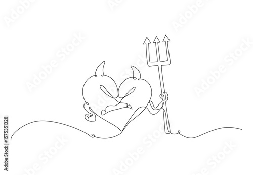 Minimalist Continuous one line drawing of a devilish heart with horns, tail, and a trident, symbolizing toxic love or a mischievous side of affection. Vector Editable stroke