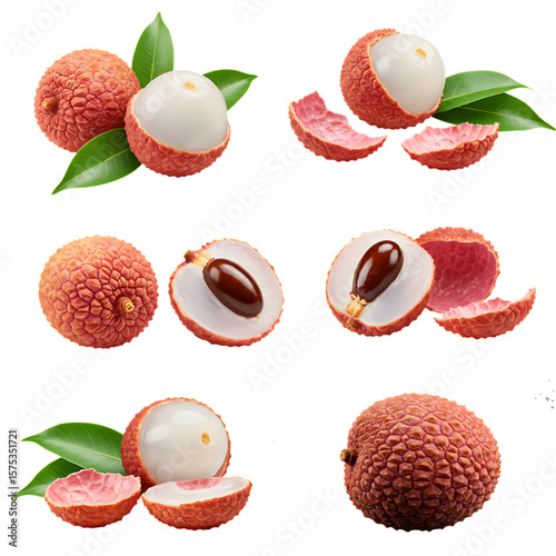 lychee, fresh lychee fruit, whole lychee with leaves, sliced lychee, lychee cross-section, close-up of lychee
