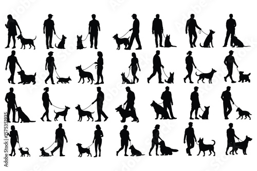 People walking dogs silhouettes leash