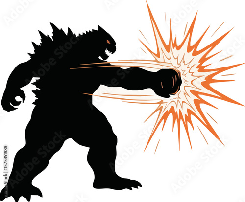 Silhouette of a monster punching with an orange energy burst, showcasing power and aggression.