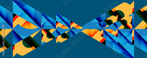 Abstract geometric pattern. Blue, orange triangles create symmetrical, repeating design. Vivid colors, sharp angles define composition.
