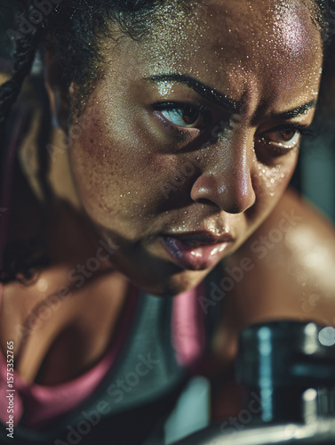 portrait of a middle-aged African American woman during strength exercises at a fitness club