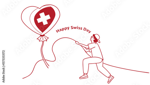 Person holding a balloon with swiss flag on it celebrating happy swiss day with a red outline drawing style