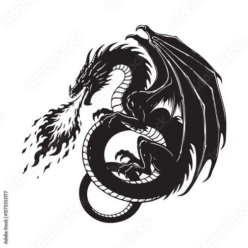 Dragon Silhouette Vector | Black Fantasy Fire Dragon Art. AI generator