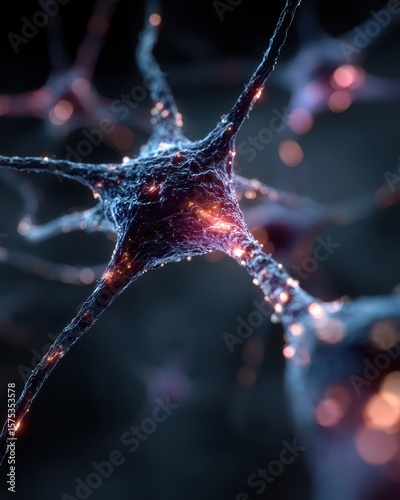 Neural network of neurons, synapses and nerve impulses with blurred background