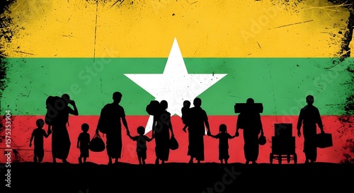 Myanmar Flag with Silhouettes of People