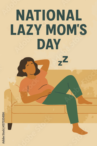 National Lazy Mom's Day celebration card, woman relaxing on sofa