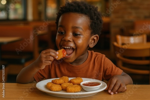 Happy young African boy eating chicken nuggets with ketchup at a restaurant table. Colorful indoor setting with fast food, childhood joy, and casual dining concept