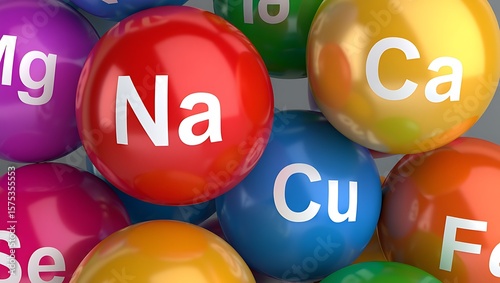 Colorful spheres displaying essential minerals Na Ca Mg Cu Fe Se