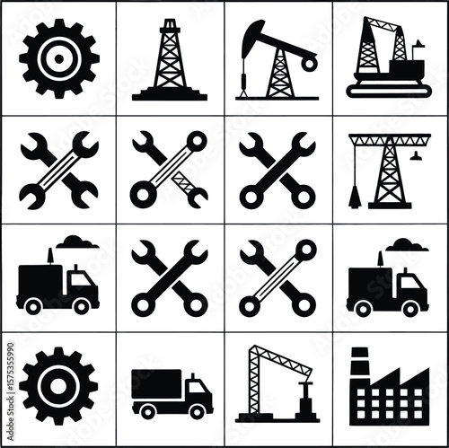 Industrial Equipment & Machinery Icon Grid Poster Featuring Sixteen Whimsical Black Silhouette Symbols — Depicting Key Tools and Structures Including Gear, Oil Rig, Pump Jack, Construction Cranes 