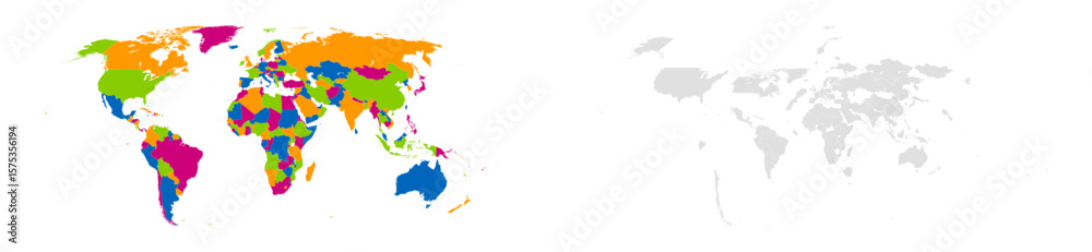 Fototapeta premium Set of two world maps one colorful political map with country borders and one grayscale version. Flat vector style, ideal for global infographics, presentations, and educational use.