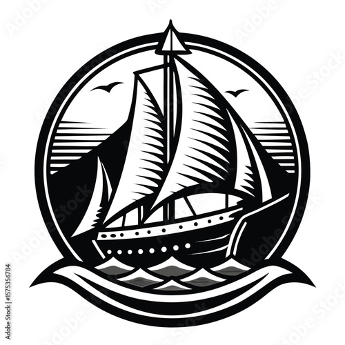 Sailboat monochrome engraving emblem
.sailing ship vector illustration.sailing ship vector