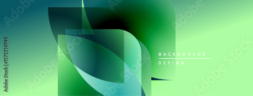 Abstract fluid shapes overlap, creating gradient effect. Green, teal hues dominate design. Modern, dynamic composition.