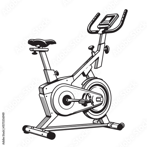 Black and white line drawing of a stationary exercise bike for fitness and wellness