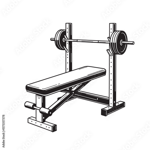 Black and white vector illustration of a weightlifting bench press equipment