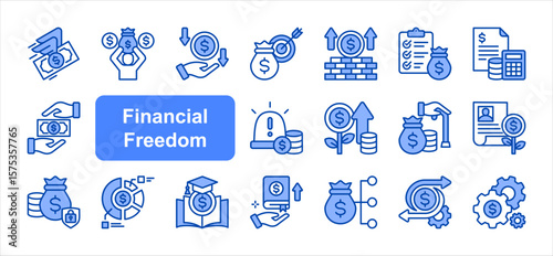 Financial freedom editable stroke icon set, with Financial independence, Passive income, Financial goals, Wealth building, Financial planning, Budgeting, Savings plan, Emergency fund.