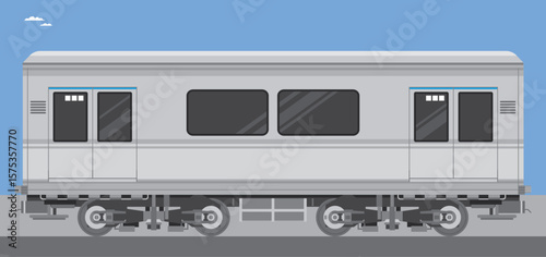 A clean flat vector illustration of a modern city train viewed from the side. This minimal and detailed design features a grey subway carriage with doors and windows, ideal for use in transport infogr