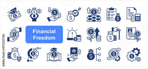 Financial freedom editable stroke icon set, with Financial independence, Passive income, Financial goals, Wealth building, Financial planning, Budgeting, Savings plan, Emergency fund.