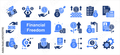 Financial freedom editable stroke icon set, with Financial independence, Passive income, Financial goals, Wealth building, Financial planning, Budgeting, Savings plan, Emergency fund.