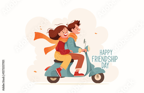 Two cheerful friends enjoying a ride on a scooter, celebrating Friendship Day with joy and happiness. Their carefree friendship is depicted in this colorful, illustrated scene, spreading positivity an