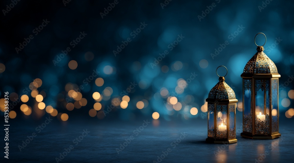Fototapeta premium Ramadan background, color dark blue with bokeh lights and two Ramadan lanterns on the right side of the photo, empty space for text in the middle, high resolution