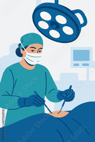 Flat Vector Female Surgeon in Operation Room