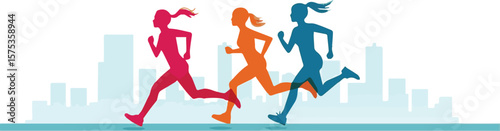 Vector illustration featuring three silhouettes of women running, each in a different color