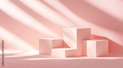 Pink podiums in sunlit studio