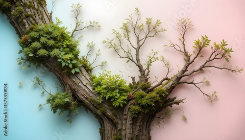 Tree Bark and Moss Composition on Soft Pastel Nature-Inspired Background