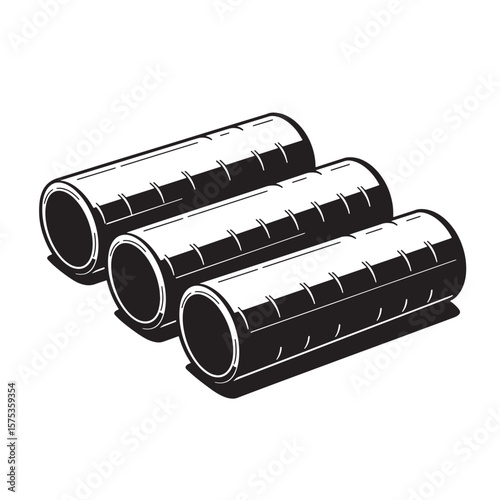 Three cylindrical metal pipes in black and white simple graphic illustration