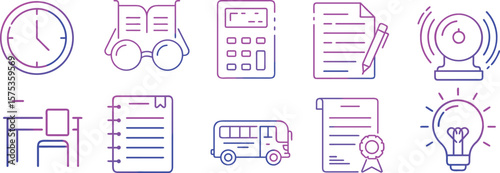 Education Icons Back to School Line Art clock book glasses calculator document pencil webcam desk chair notebook school bus