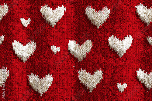 Seamless Pattern Knitted Design with White Hearts on Red Background and Cozy Wool Texture for Festive Textiles 